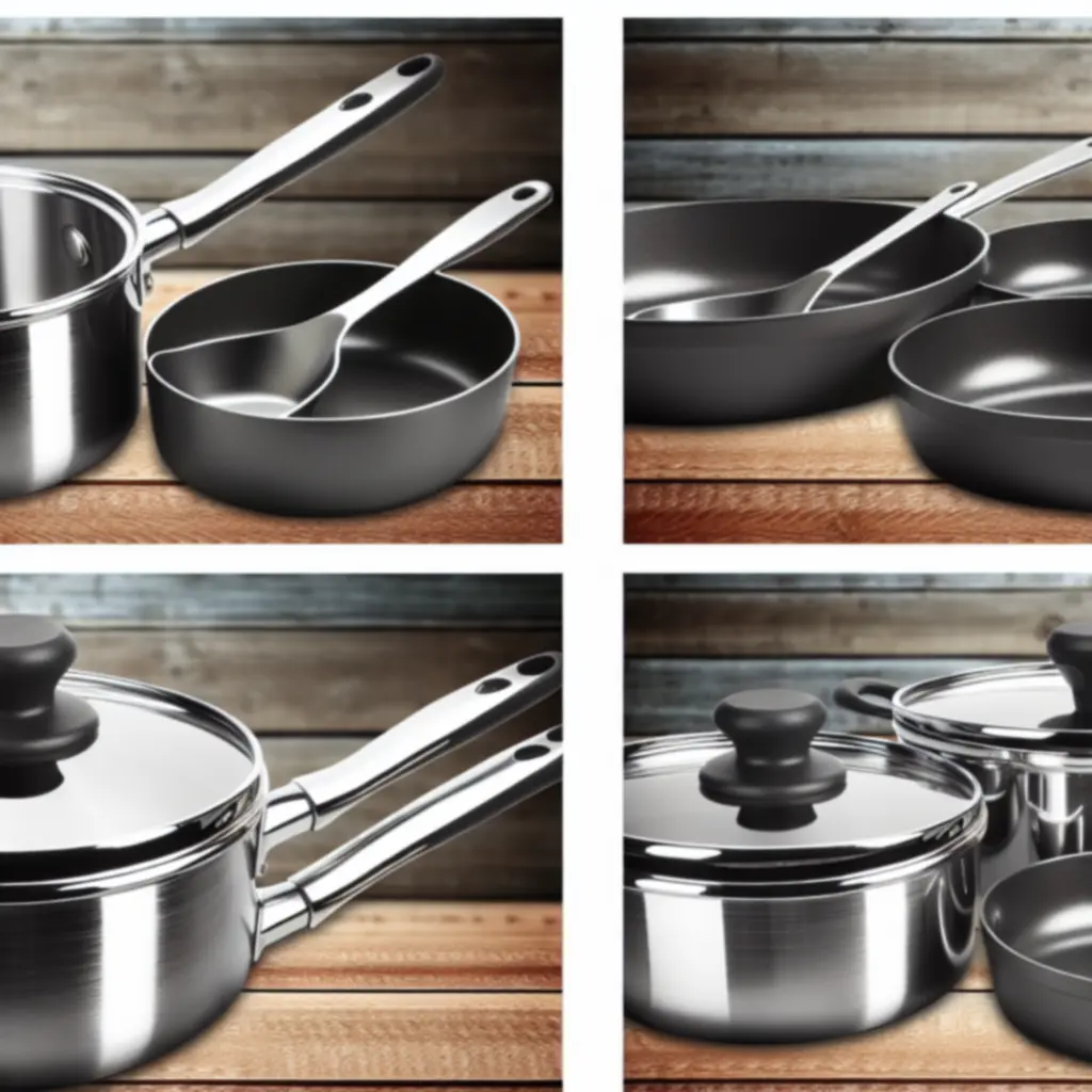 Zbliżenie na stalowe garnki i patelnie z polerowanym wykończeniem