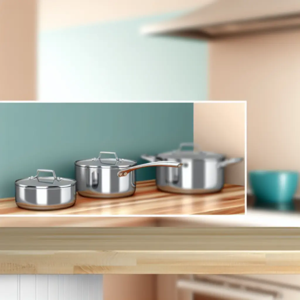 Profesjonalny zestaw garnków ze stali nierdzewnej na eleganckim blacie.