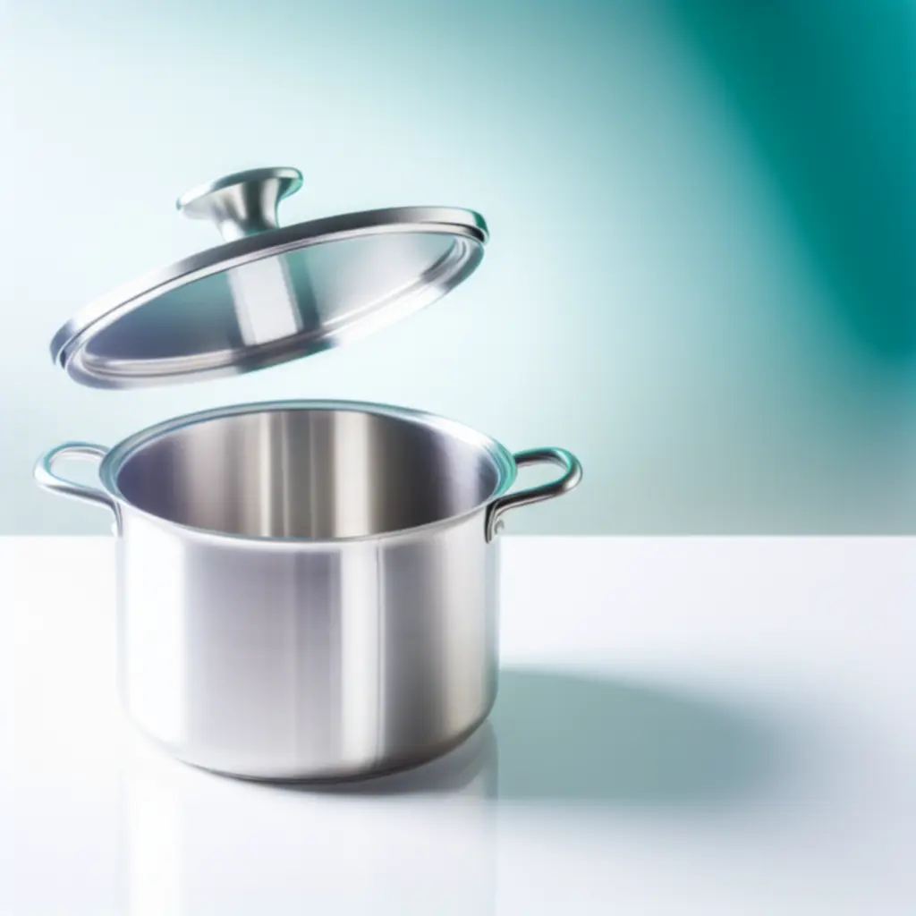 Stalowy garnek z pokrywką, prezentujący detale wykonania i uchwyty