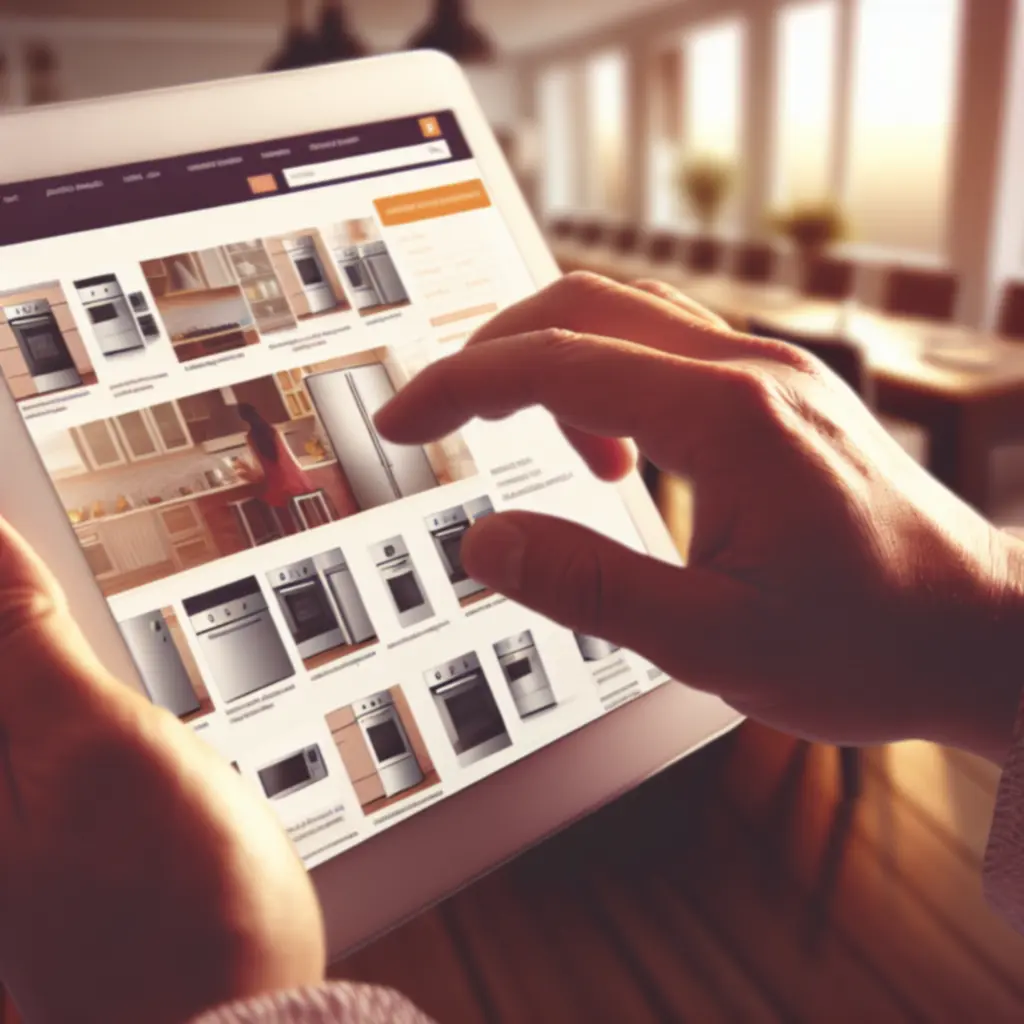 Osoba przeglądająca ofertę urządzeń AGD KitchenProStorePL na tablecie lub smartfonie przy kuchennym blacie