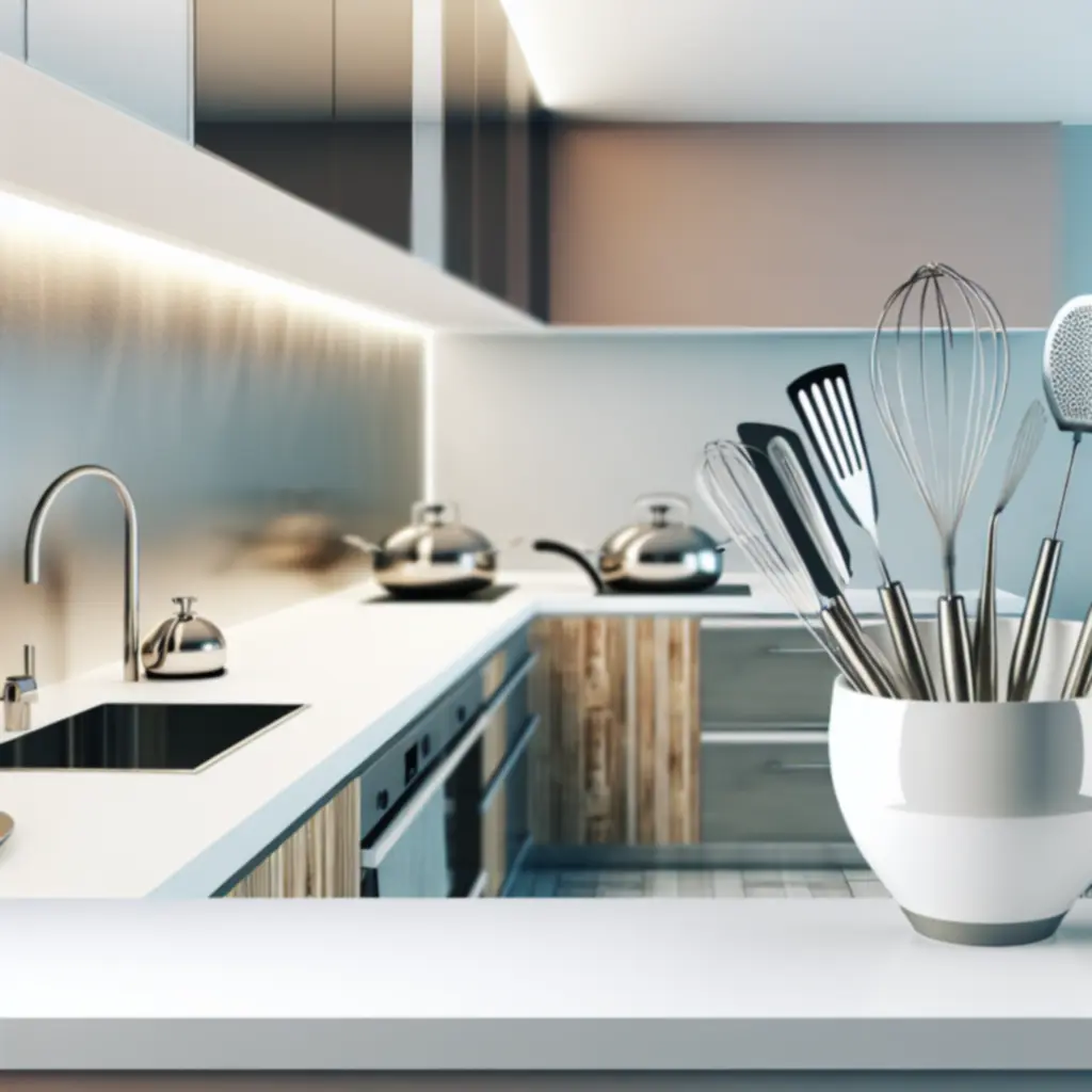 Elegancko ułożone przybory kuchenne na nowoczesnym blacie
